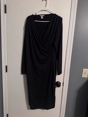 H&M Black Long-Sleeve Draped Faux-Wrap Dress